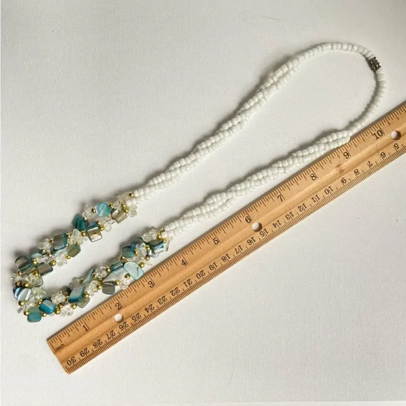 White glass seed bead and aqua dyed shell chunk necklace with goldtone spacers - Picture 10 of 10
